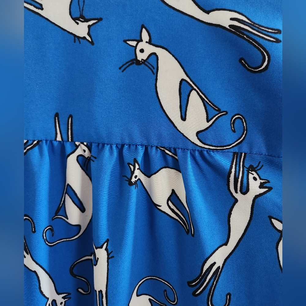 Modcloth S/M Blue White Cat Print Breezy Bliss Kimono Cover-up Silky Blouse - Picture 7 of 7
